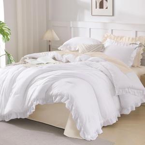Andency White Ruffle Comforter Oversized Queen(98x98Inch), 3 Pieces(1 Ruffled Comforter and 2 Pillowcases) Solid Farmhouse Shabby Chic Bed, Vintage Rustic Soft Polyester Bedding Set