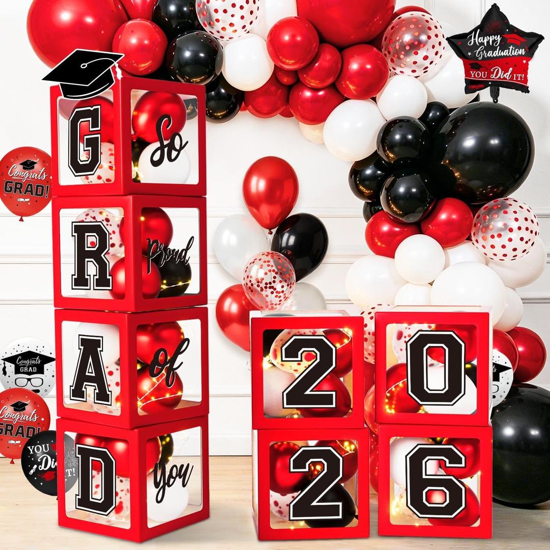 Graduation Decorations Class of 2026, Red and Black Graduation Decorations, Balloons Boxes (4PCS) with Letters 2026 GRAD So Proud of You, Congrats Grad Decorations for High School & College