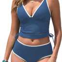 ZAFUL Womens Tankini Swimsuits Tummy Control Bathing Suits 2025 Two Piece Color Block Swim Suit with High Waisted Bottom (XX-Large, Haze Blue)