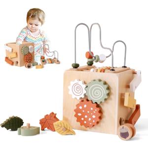 ibwaae 5 in 1 Wooden Activity Cube Play Center Bead Maze Leaves Shape Sorter Learning Montessori Toys for Toddlers 1-3 Early Educational Developmental Learning Toys for Kids
