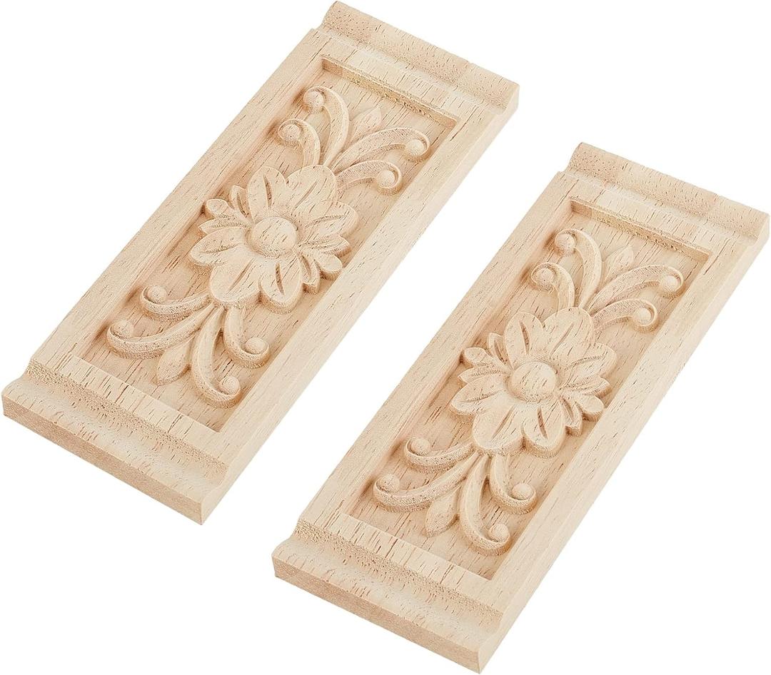 SUPERFINDINGS 2PCS Rectangle with Flower Wood Carving Decal 6.3x2.4inch Unpainted Home Furniture Applique Decor Natural Solid Wood Carved Onlay for Furniture Door Wall Ornamental
