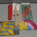 Red inflatable kneeling cushion / garden kneeler

Wooden-handled hand rake (with metal tines)

Pruning shears (in packaging)

Yellow and blue striped cushion/pillow

Star-shaped tray/scoop with rainbow design