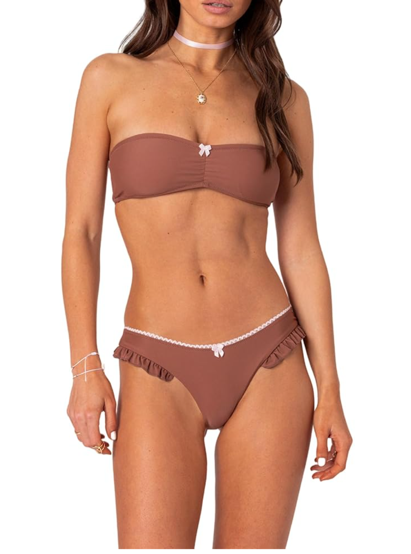 Women Floral Bandeau Bikini Set O Ring Tie Back Strapless 2 Piece Swimsuit Cheeky Thong Batching Suit, M