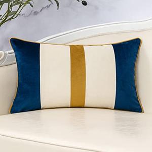 Yangest Navy Blue Patchwork Lumbar Throw Pillow Cover Striped Velvet Cushion Case Modern Neutral Oblong Pillowcase for Sofa Couch Bedroom Living Room Home Decor, 12x20 Inch