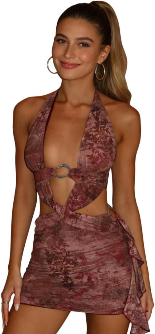 Womens Sexy Open Back Floral Tropical Vacation Dress Crop Wrap Mesh Ruffle Mini Dress Beach Dresses (Small, Purple)