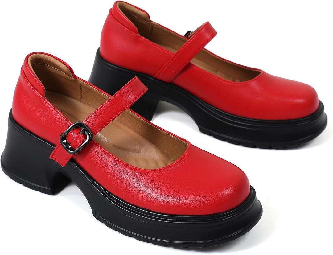 Mary Janes for Women Chunky Platform Mary Jane Heels Comfortable Dress Pumps Casual Office Work Shoes (6, Red)