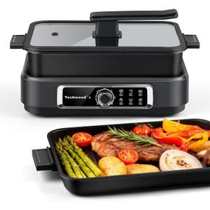 Indoor Grill, Techwood Electric Indoor Grill Griddle 7.5-Quart 1500W Versatile Multi-Cooker with 5-Level Heat Settings, Come with Removable Non-stick Grill Pan& Cooking Pot, Dishwasher Safe