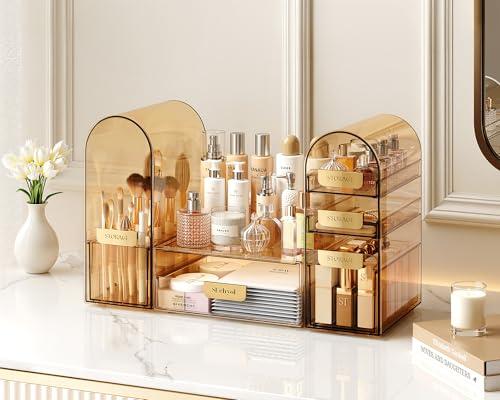 Pomohome Makeup Organizer with Drawers & Brush Holder for Vanity, Detachable & Stackable Clear Acrylic Arch Makeup Organizer, Skincare Organizer for Vanity, for Cosmetic & Beauty Essentials