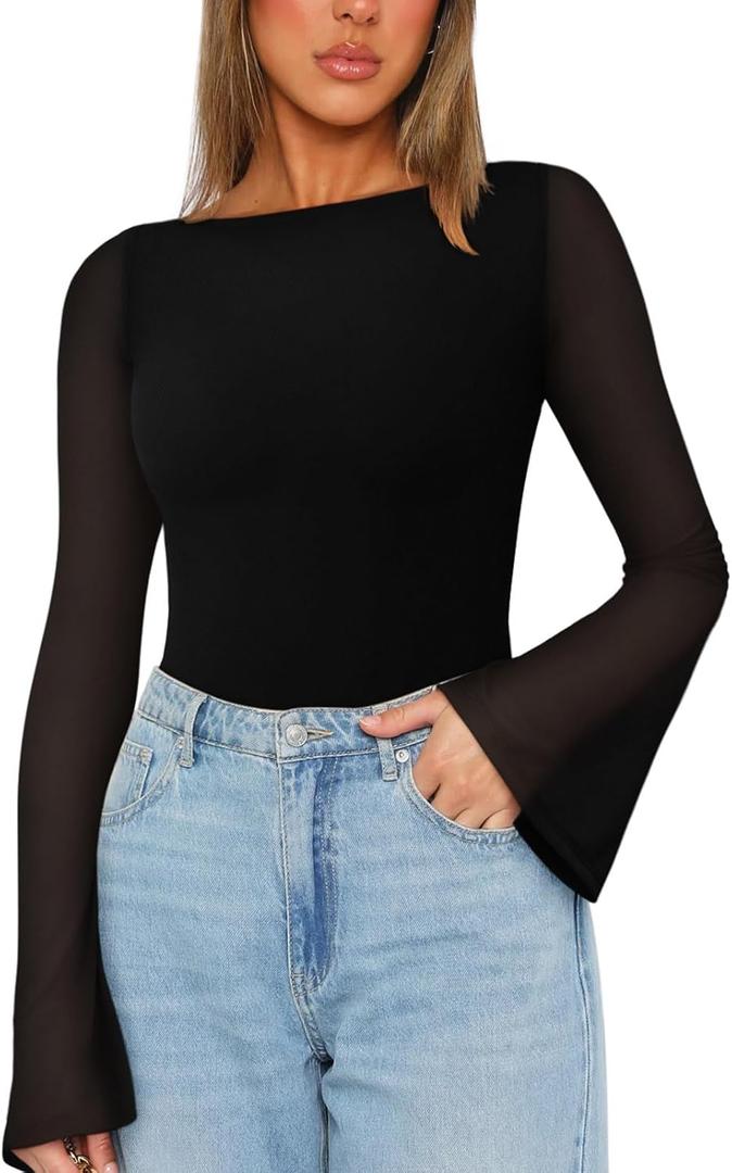 REORIA Women's Trendy Sexy Boat Neck Bell Sleeve Sheer Mesh Going Out Bodysuit Tops (Medium, Black)