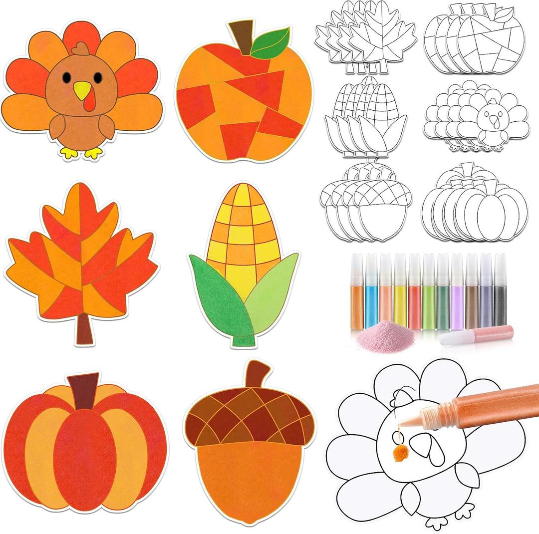 24 Sets Fall Sand Art Crafts for Kids Autumn Maple Leaf Pumpkin Turkey DIY Painting Crafts Kit with Colored Sand and Brushes for Fall Thanksgiving Home Party Activities