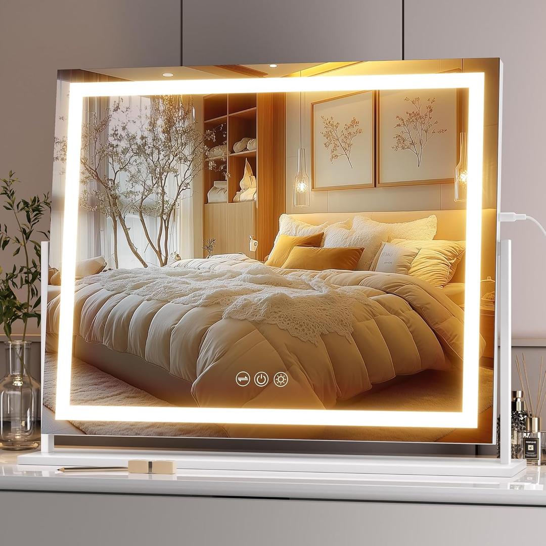 Hasipu Vanity Mirror with Lights, 23.6" x 18.1" LED Makeup Mirror, Light up Mirror with Smart Touch 3 Colors Dimmable, Brightness Adjustment, 360 Rotation (White) (23.6"L x 18.1"W)