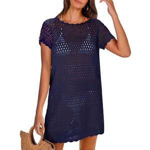 ANRABESS Swimsuit Cover Up for Women 2026 Crochet Bathing Suit Swimwear Mesh Knit Beach Dress Summer Vacation Clothes (Small, Navy Blue)