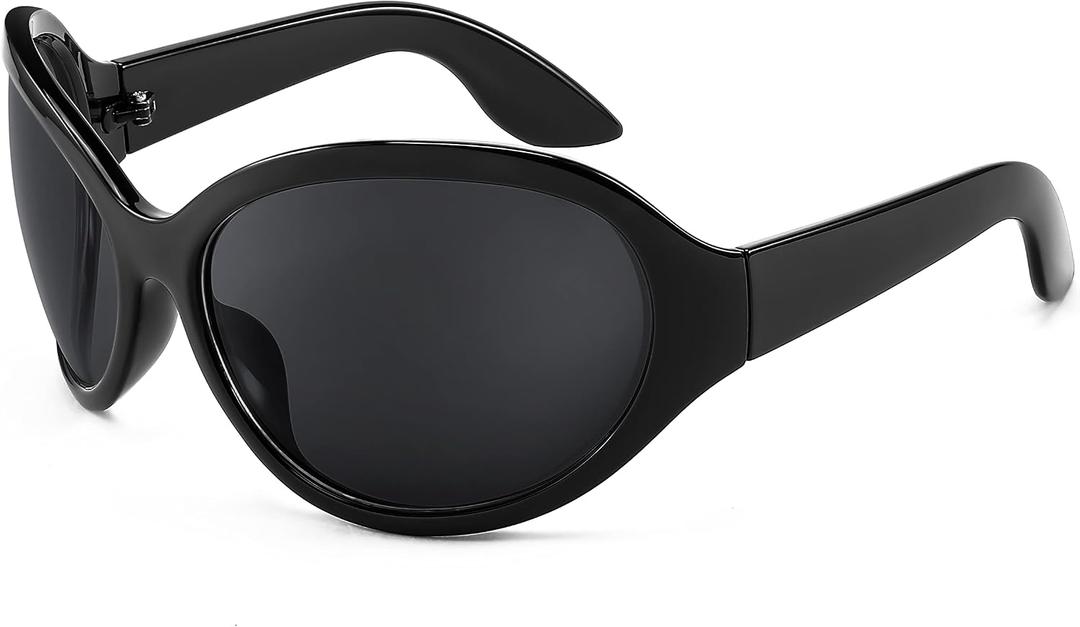 FEISEDY Oversized Oval Wrap Around Sunglasses Women Men Y2K Bug Eye B2391, Black