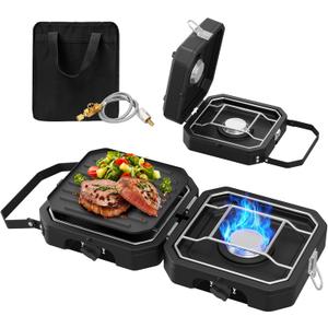 Camping Stove Portable Propane Camp Stove with Independently Adjustable Heat & Carry Bag, Foldable Gas Stove with 2 Burners for Outdoor Cooking,Tailgating & Backyard Gathering,BBQ (Black)