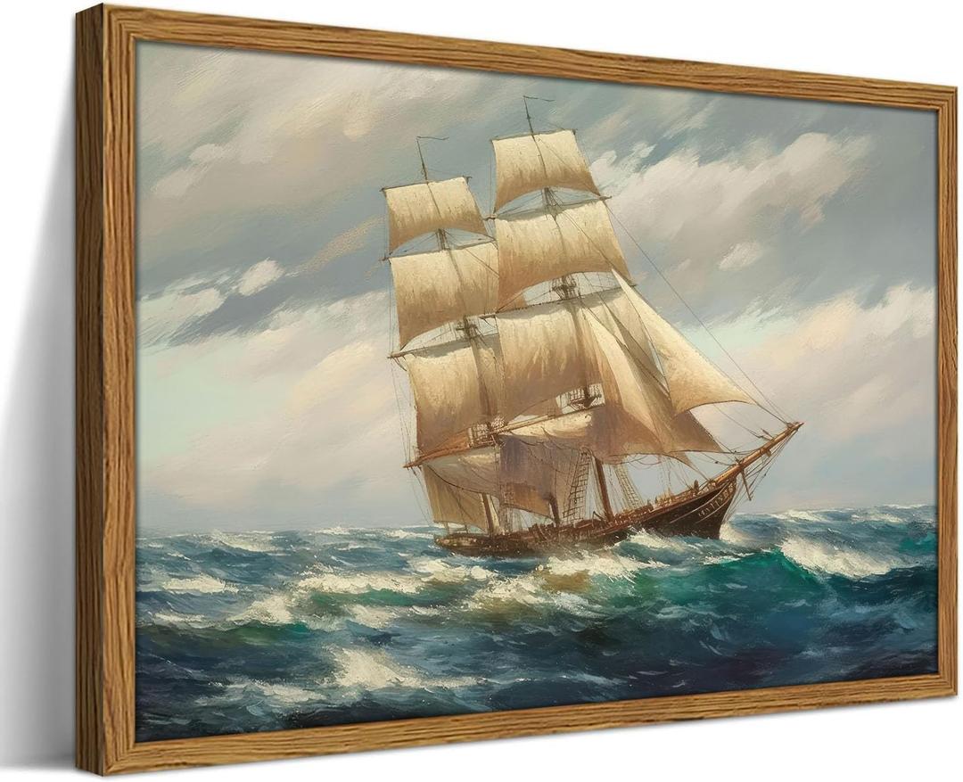 Framed Vintage Sailboat Wall Art, Ocean Nautical Pictures Wall Decor Painting, Retro Coastal Seascape Canvas Prints Artwork for Beach House Living Room Bedroom-16×24inch
