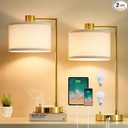 Luvkczc Table Lamp for Bedroom Set of 2 with USB C+A Ports, Fully Stepless Dimmable Bedside Lamp with Linen Lampshade, Nightstand Lamp for Living Room Reading Office, 2 LED Bulbs Included (Gold)