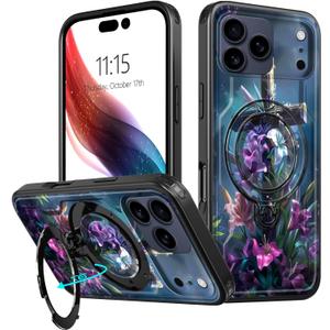 for iPhone 17 Pro Max Phone Case for Women Men Ring Holder Adjustable Kickstand Drop Protection Heavy Duty Shockproof Protective Cover for iPhone 17 Pro Max 6.9" 2025, Christian Jesus Cross Flower