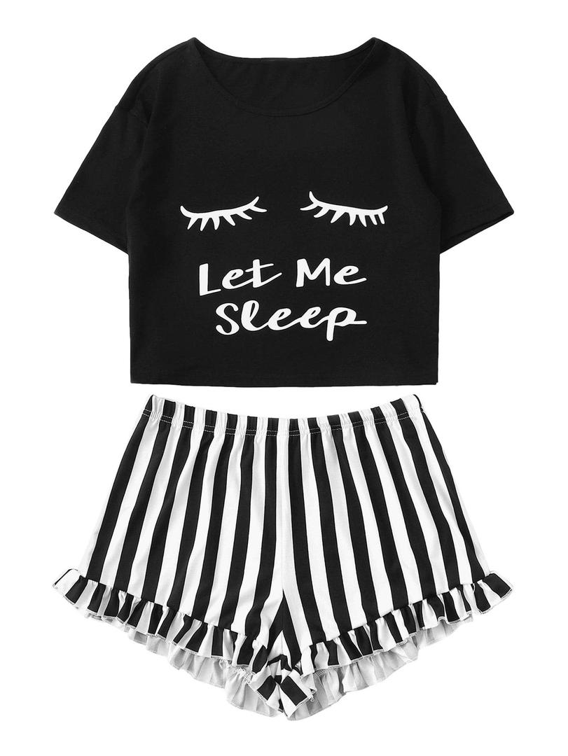 WDIRARA Women's 2 Piece Pajama Set Tee and Striped Shorts Cute Pjs Set Sleepwear Loungewear Outfits 3XL