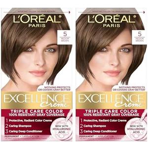 L'Oreal Paris Excellence Crème Permanent Hair Dye, Triple Care Hair Color with Hyaluronic Acid for 100% Gray Coverage, 5 Medium Brown, 1 Kit (Pack of 1)