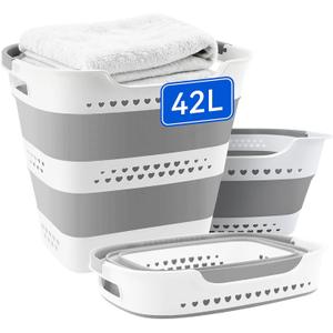 42L Medium Collapsible Plastic Laundry Basket with Handles, Foldable Laundry Basket Hamper, Pop Up Storage Container Organizer for Washing Storage (Grey, 17 Inch * 13 Inch * 15 Inch)