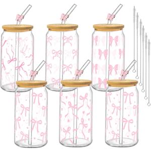 6Pcs Pink Bow Glass Cups with Lids and Straws 16oz Pink Cute Coquette Ribbon Drinking Glasses Cups Iced Coffee Cup for Women Girls Friend Bridesmaid Coffee Tumbler Birthday Party Gifts