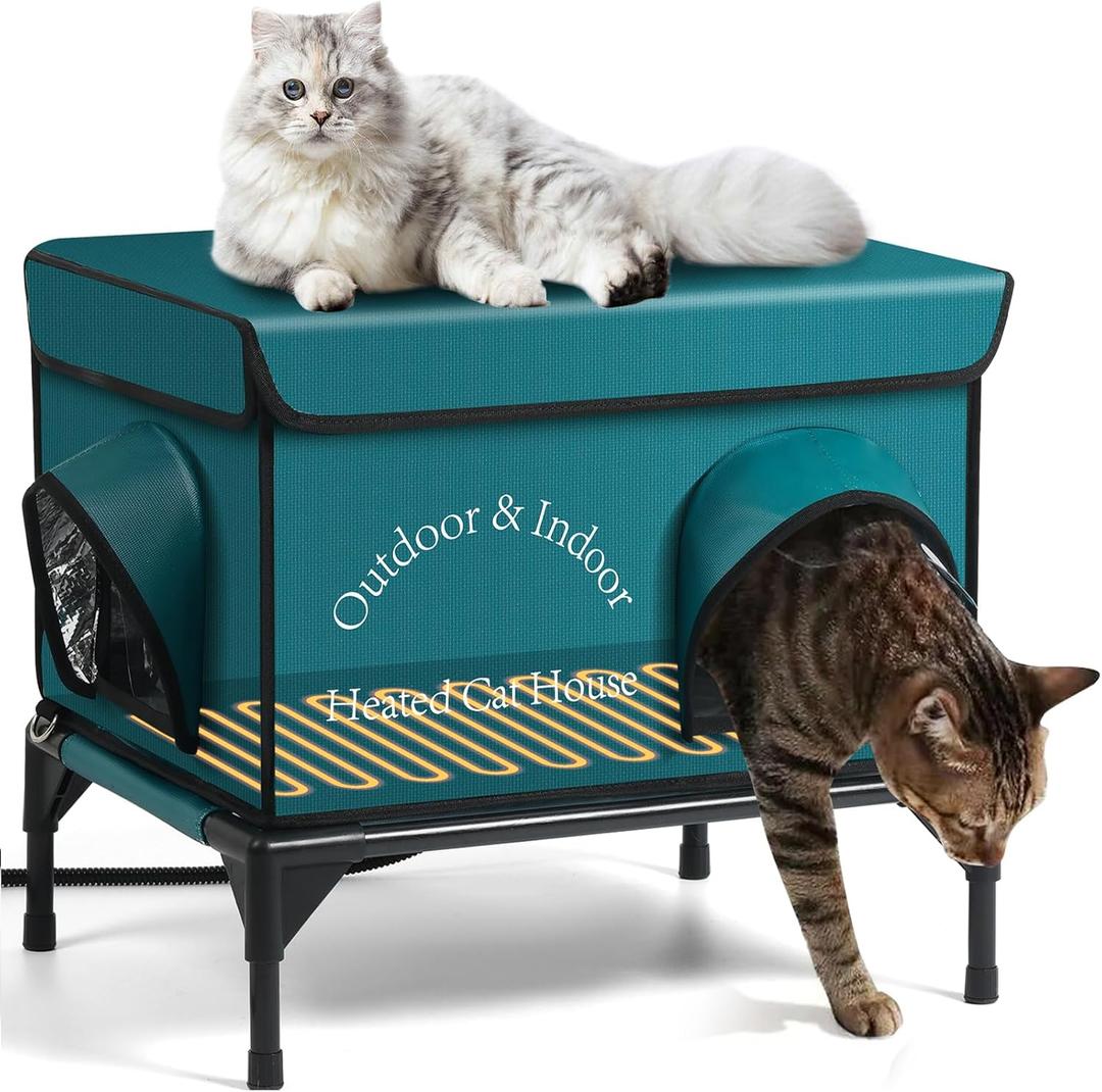 Heated Cat House for Outside Cat in Winter, Insulated Outdoor Feral Cat Shelter with Cat Heating Pad, 2 Doors,Elevated Waterproof Heated Kitty House (Blue, 21.5"x16.5"x18")