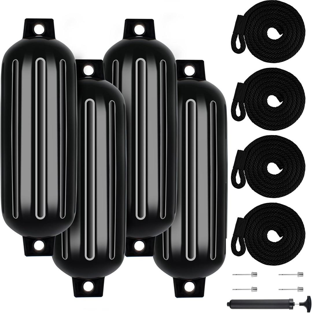 VEITHI Large Boat Fenders 4 Pack 8.5 x 27 inch, Ribbed Twin Eyes Vinyl Boat Bumpers Fenders, Boat Bumpers for Docking Come with Ropes Needles and Pump to Inflate, Pontoon Boat Fenders for Docking - Black