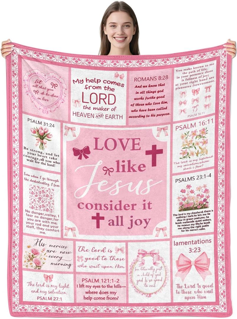 Christian Gifts for Women, Christian Blanket 50 x 60 Inch, Religious Gifts for Women, Inspirational Throw Blanket, Baptism Gift for Girl, Pink Bows Gift, Bows Patter Throw