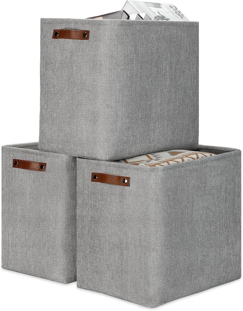 DULLEMELO Large Storage Baskets for Blankets Living Room 51L Canvas Storage Baskets for Organizing 3 Pack Collapsible Baskets Bins for Organizing Home Office with Handles (Grey) (Upgrated/3P-17"x12"x15")