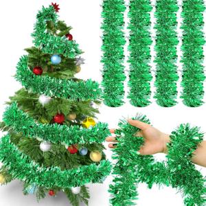 72 Feet Christmas Tinsel Garland Shiny Metallic Tinsel Twist Garland Streamers Ornaments Long Glitter Christmas Tree Hanging Decorations for Party Holiday Wedding Birthday Tree Wall Rail (Green)