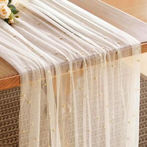 Pearl Gauze Table Runner 120 Inch 10FT Spring Summer Tulle Table Runner Sheer Dining Wedding Birthday Party Baby Shower Centerpiece Table Decor Champagne