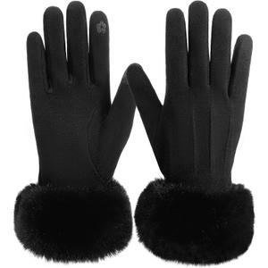 Tavaleu Winter Gloves for Women with Faux Fur Cuff, Thermal Glove with Touchscreen, Knit Lining Warm Gloves for Cold Weather (Black)
