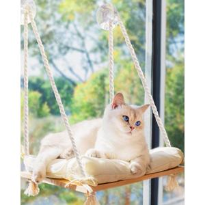 Cat Window Perch with Industrial-Grade Suction Cups - Solid Pine Wood Hammock Bed, Soft Cushion - 42 lb Capacity for Cats Inside