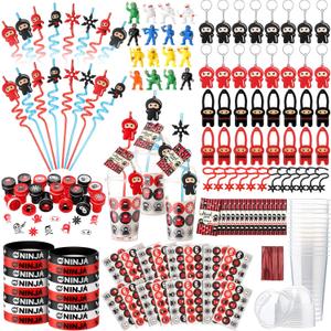 161 Pcs Ninja Party Favors Include Cups with Lids Straws Ninja Figurines Stretchy Flying Stars Slingshots Keychains Silicone Wristbands Stickers Stamp Thank You Tag for Birthday Party