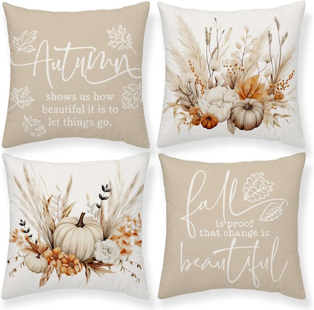 Fall Pumpkin Pillow Covers Autumn Bohemia 18 x 18 Inch Throw Pillows Thanksgiving Harvest Farmhouse Cushion Case Thankful Grateful Farmhouse Decorations for Couch Sofa Set of 4