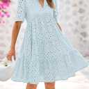 BTFBM Womens Boho Summer Dresses 2026 Spring V Neck Short Sleeve Hollow Out Lace Ruffle Casual Beach Mini Vacation Dress (M)