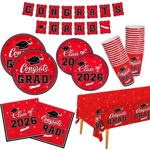 Graduation Decorations class of 2026 Gatherfun Congrats Grad Party Dinnerware Set Red Disposable Paper Plates Napkins Cups Tablecloth Banner for Graduation Decorations 2026 deals, Serve 25