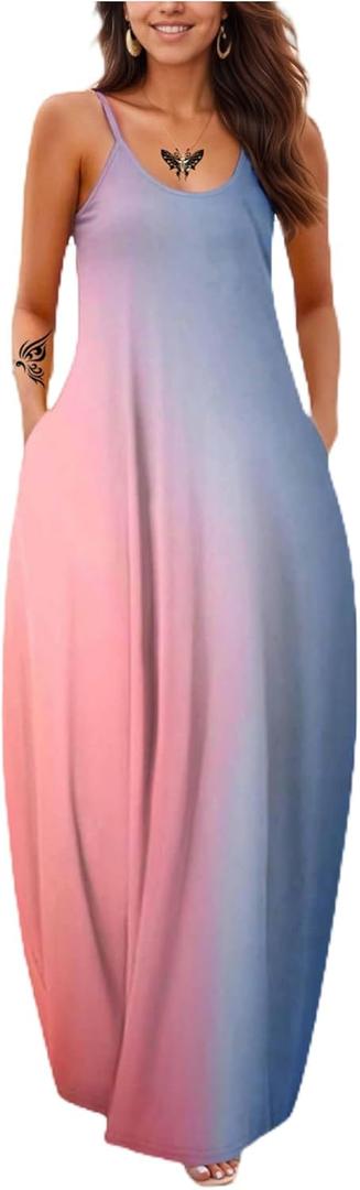Women's Summer Maxi Dress Long Dress Casual Boho Sleeveless Strap Smocked Tiered Long Beach Sun Dresses (Pink, XL)