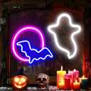 2 Pack Halloween Decoration LEDs Neon Sign Light Ghost, Bat and Moon Lights Hanging for Halloween Party Decorations Indoor Home Window Decorations (Batteries not Included)