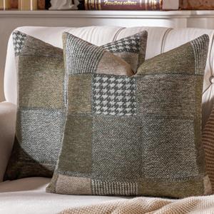 AmHoo Set of 2 Throw Pillow Covers Woolen Patchwork Checkered Farmhouse Decorative Square Pillows Cover Pillowcase for Sofa Couch Bed 18 x 18-Inch Green