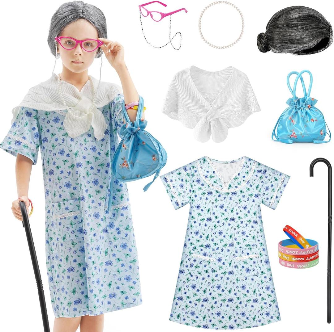 WooWee Kids Girl 100 Days of School Costume, Old Lady Costume for Kids, Halloween Cosplay Dress Up (5-7 Y, Blue)