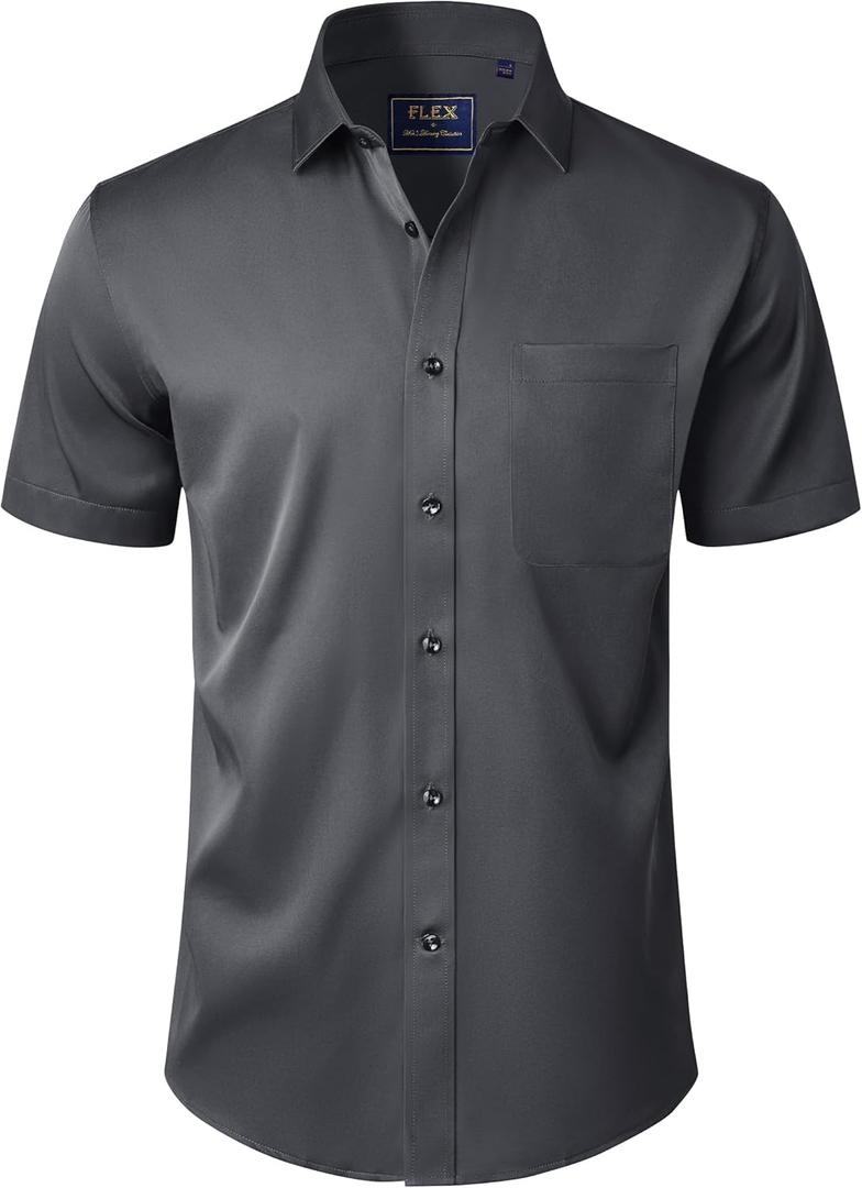 J.VER Mens Short Sleeve Dress Shirts Solid Wrinkle Free Casual Button Down Shirt with Pocket (Black, XXXL)