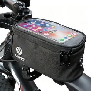 WB01 Large Waterproof Bike/Bicycle Phone Front Frame Bag,Water-resistant Tube Bag Phone Holder with Touchscreen & Storage,Cycling Pouch, Navigation Bike Accessories for Phone Under 7", Black