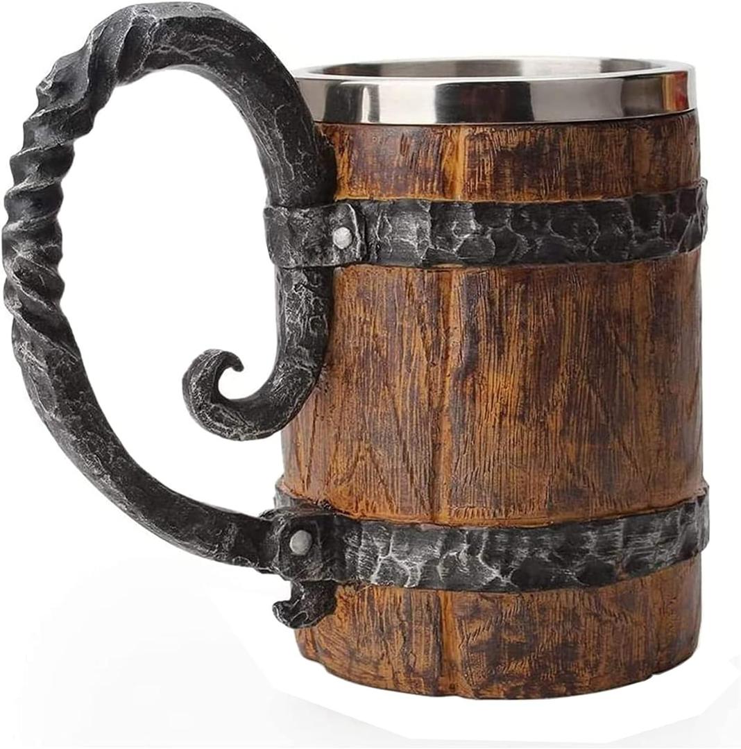 VORAGA Handmade Wooden Barrel Beer Mug, Bucket Shaped Drinkware with Handle, Stainless Steel Double Wall Cocktail Mug for Bar Restaurant, Vintage Bar Accessories (18 oz)