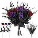 Ovveroche 20 Pcs Black, Purple, Red Artificial Roses and 28 Black Eucalyptus Stems for Halloween, Silk Fake Flowers with Bendable Stems, DIY Gothic Wedding Bouquet, Haunted House Decor