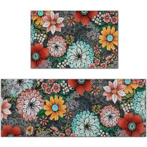FRAMICS Kitchen Mats Sets 2 Piece, Cushioned Anti Fatigue Kitchen Mats, Washable Kitchen Rugs, Non-Slip Kitchen Floor Mats, Boho Floral Kitchen Rugs, Multicolor, 17.3"x30"+17.3"x47" (Colorful)
