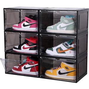 ZLLZUU Upgraded Shoe Organizer Shoe Storage Boxes, 6 Pack Large Side Open Shoe Boxes with Magnetic Door, Clear Plastic Stackable Shoe Containers Black