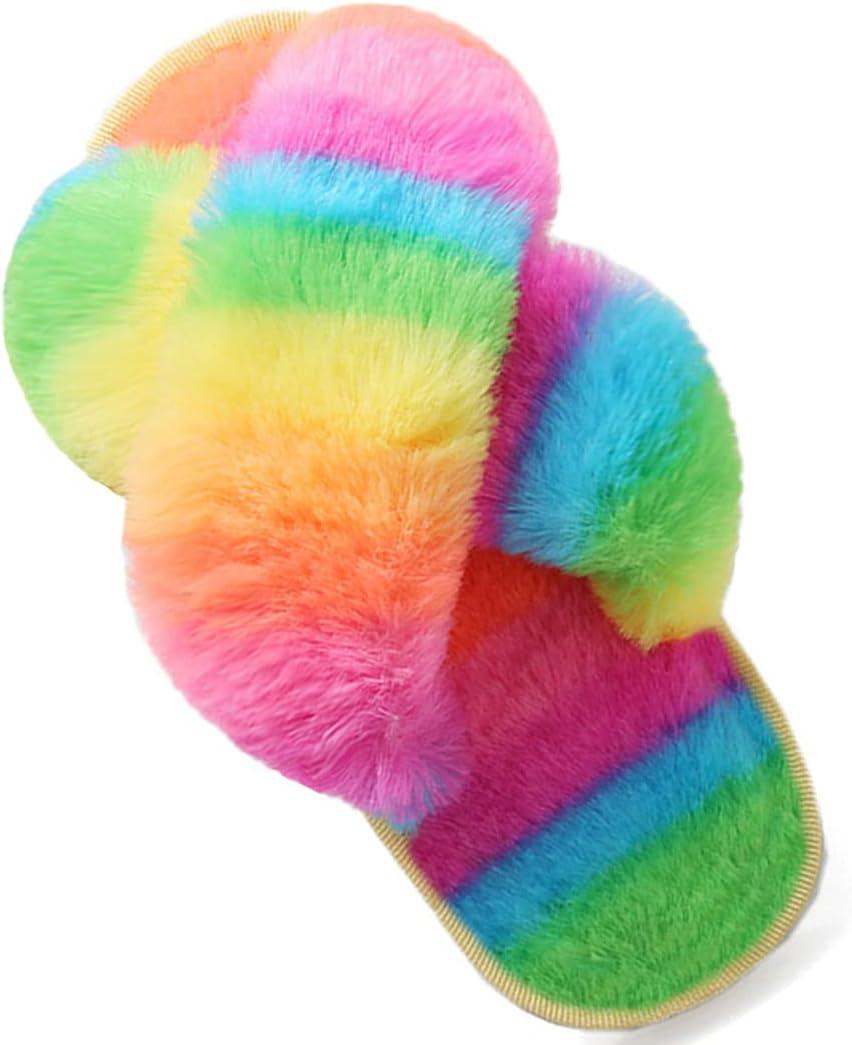 LightFun Girl's Fuzzy Fluffy Furry Slippers Fur Flip Flop Open Toe kids Slippers Cross Band Shoes Slides for Girls House Home Indoor Outdoor (4-5 Big Kid, Rainbow)