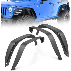 for JK Flat Style Front and Rear Fender Flares 4-Piece Combo Compatible with 2007-2018 Jeep Wrangler JK JKU Unlimited Heavy Duty Steel Off-Road Wheel Fenders Kit, Textured Black (2/4 Doors)