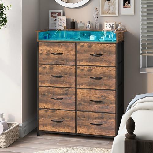 Amazon.com: Welfuturer Tall Dresser for Bedroom with Charge Station 8 Drawers Dresser with LED Lights Chest Organizer Units for Hallway Entryway Closets Sturdy Steel Frame Wood Top Easy Pull Handle Rustic Brown : Home & Kitchen